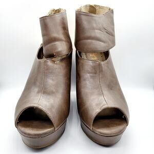 Jellypop Leachy Brown Gold Glitter Faux Leather Peep Toe Wedge Booties Womens 9M